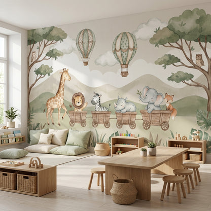 Safari Hayvanlı Poster Duvar Kağıdı Pastel Yeşil Çocuk Odası