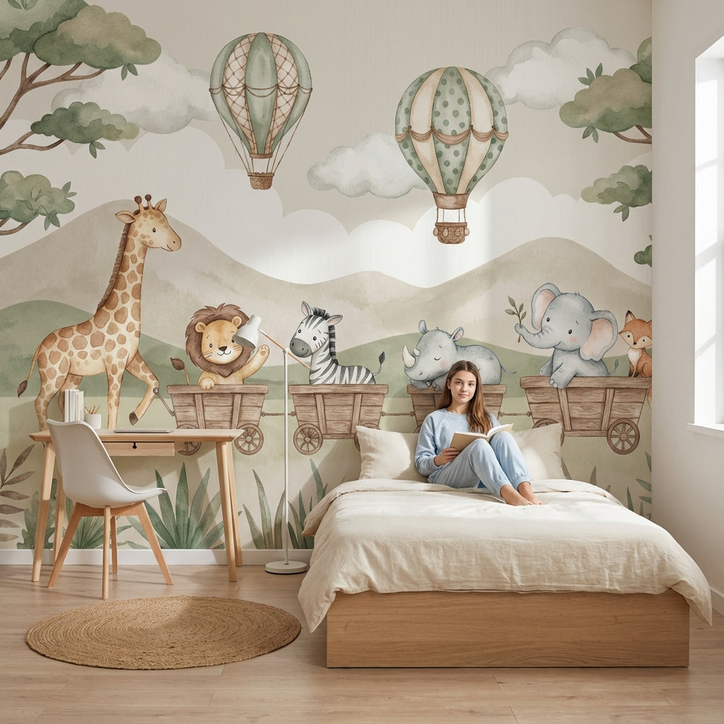 Safari Hayvanlı Poster Duvar Kağıdı Pastel Yeşil Çocuk Odası