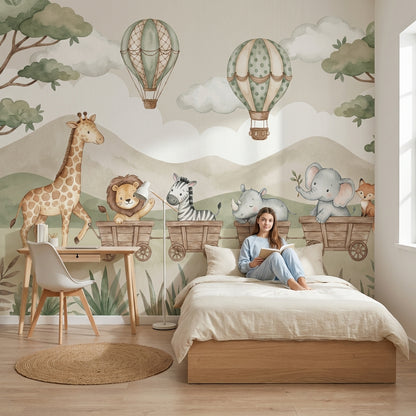 Safari Hayvanlı Poster Duvar Kağıdı Pastel Yeşil Çocuk Odası