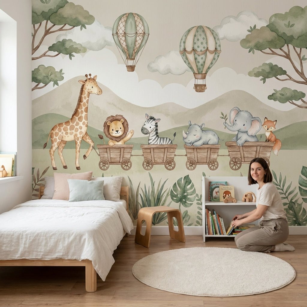 Safari Hayvanlı Poster Duvar Kağıdı Pastel Yeşil Çocuk Odası