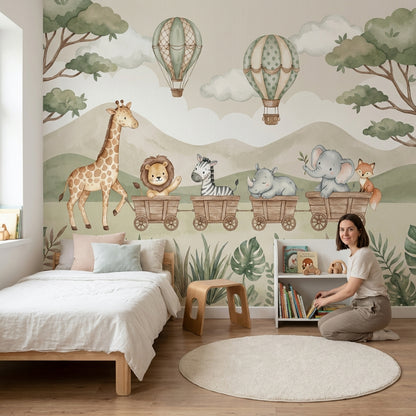 Safari Hayvanlı Poster Duvar Kağıdı Pastel Yeşil Çocuk Odası
