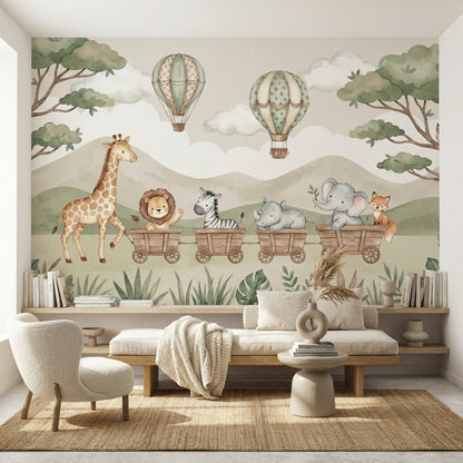 Safari Hayvanlı Poster Duvar Kağıdı Pastel Yeşil Çocuk Odası