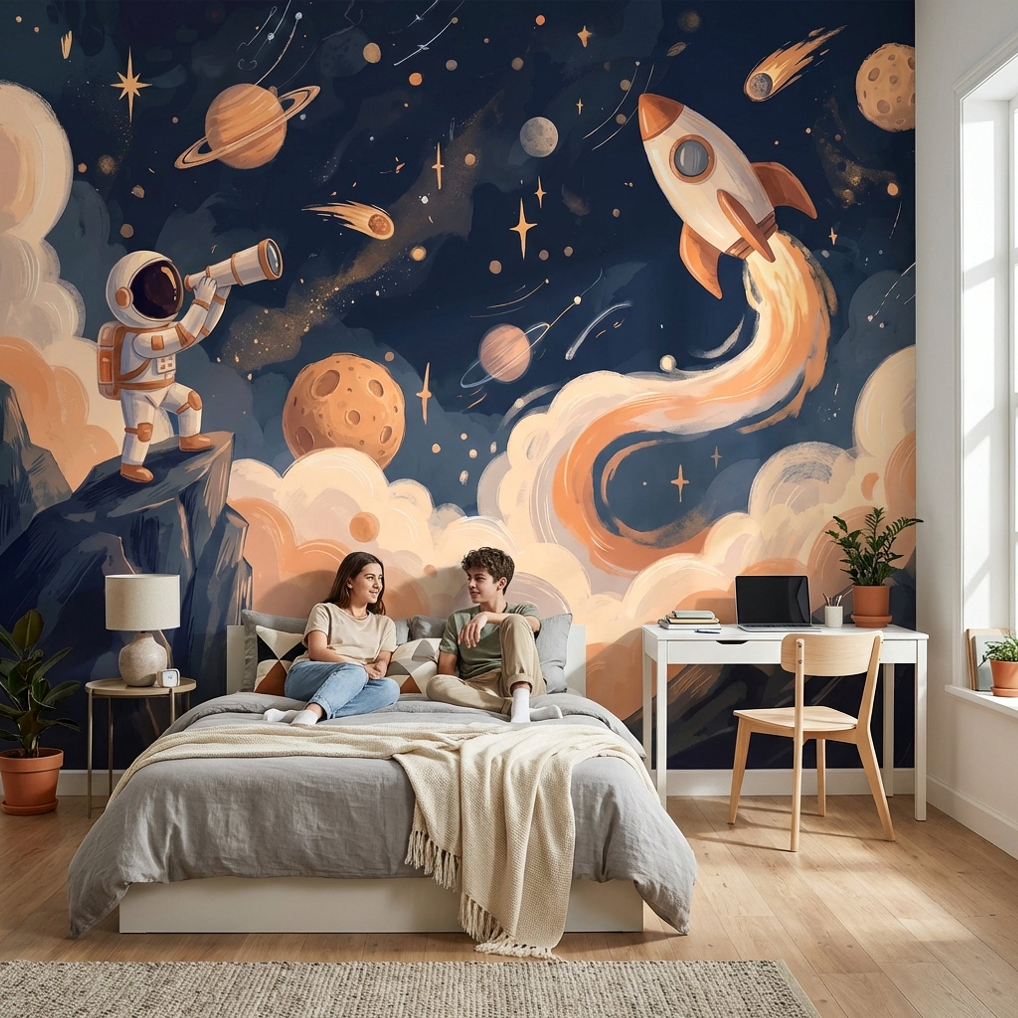 Roket ve Astronot Poster Duvar Kağıdı Lacivert Çocuk Odası