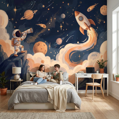Roket ve Astronot Poster Duvar Kağıdı Lacivert Çocuk Odası