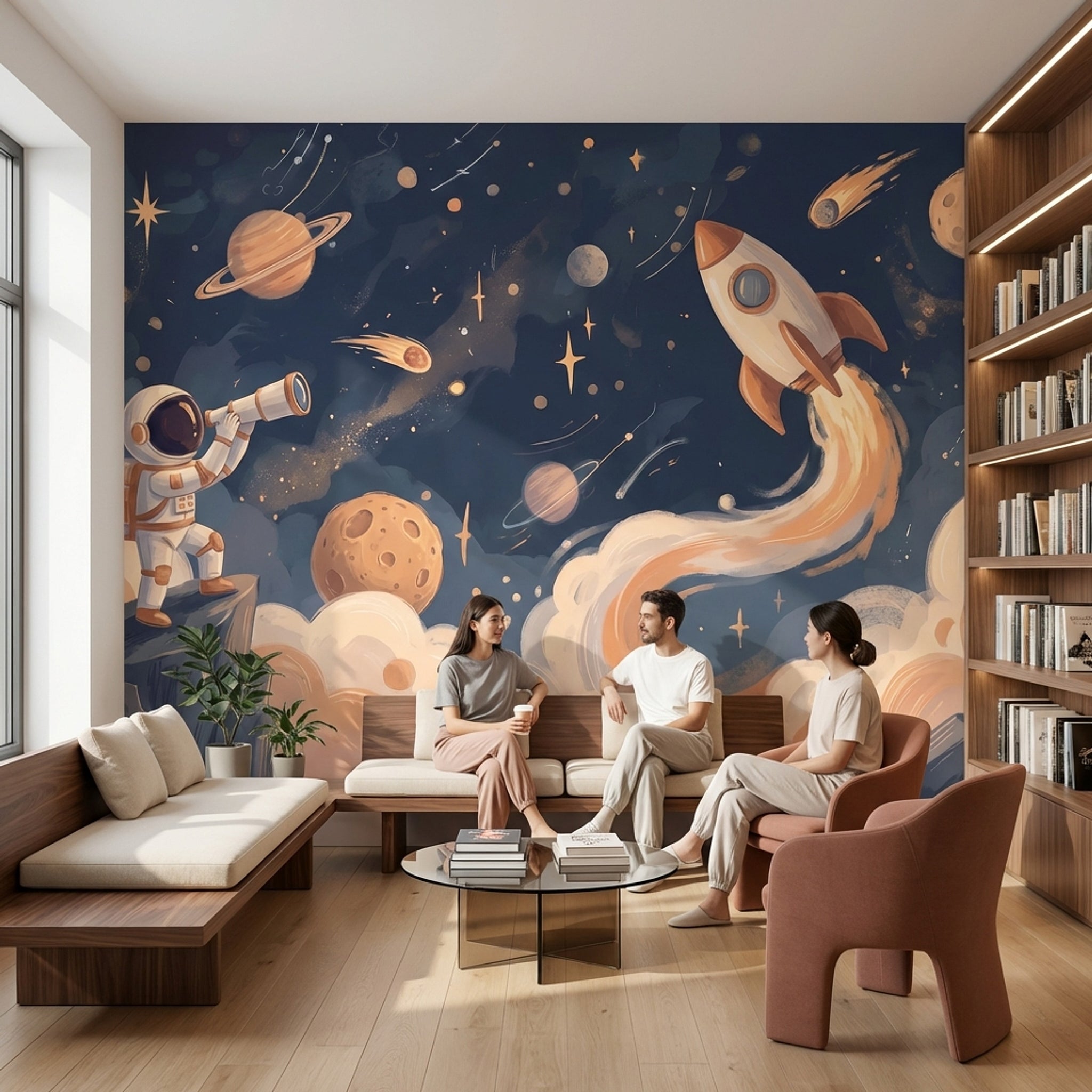 Roket ve Astronot Poster Duvar Kağıdı Lacivert Çocuk Odası