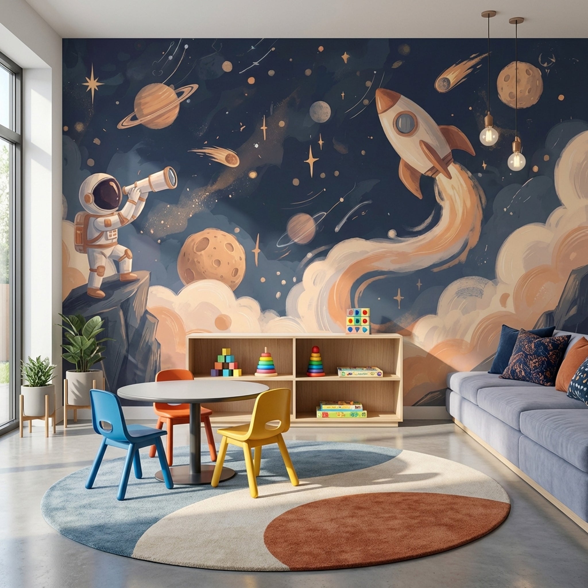 Roket ve Astronot Poster Duvar Kağıdı Lacivert Çocuk Odası