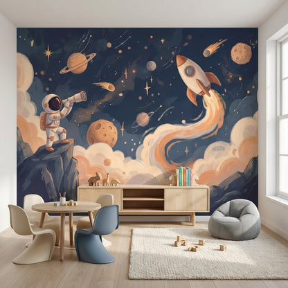 Roket ve Astronot Poster Duvar Kağıdı Lacivert Çocuk Odası