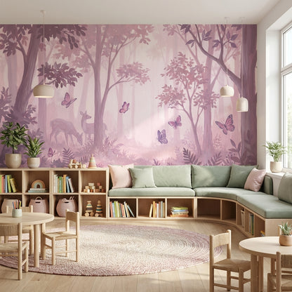 Pembe Sisli Orman Poster Duvar Kağıdı Kelebekli Çocuk Odası