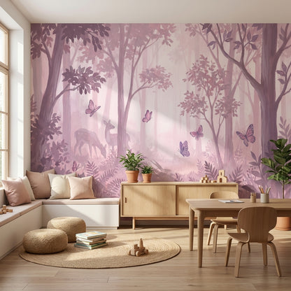 Pembe Sisli Orman Poster Duvar Kağıdı Kelebekli Çocuk Odası
