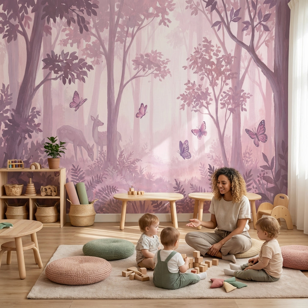 Pembe Sisli Orman Poster Duvar Kağıdı Kelebekli Çocuk Odası