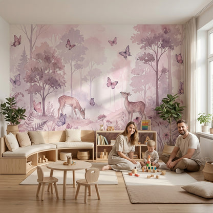 Pembe Orman Geyikli Poster Duvar Kağıdı Çocuk Odası