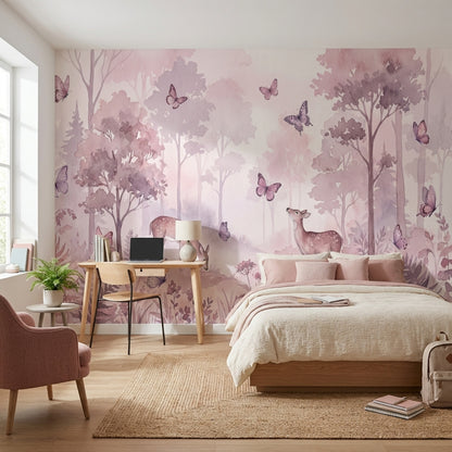 Pembe Orman Geyikli Poster Duvar Kağıdı Çocuk Odası