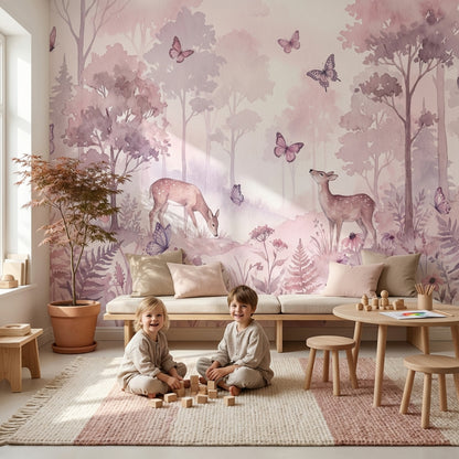 Pembe Orman Geyikli Poster Duvar Kağıdı Çocuk Odası