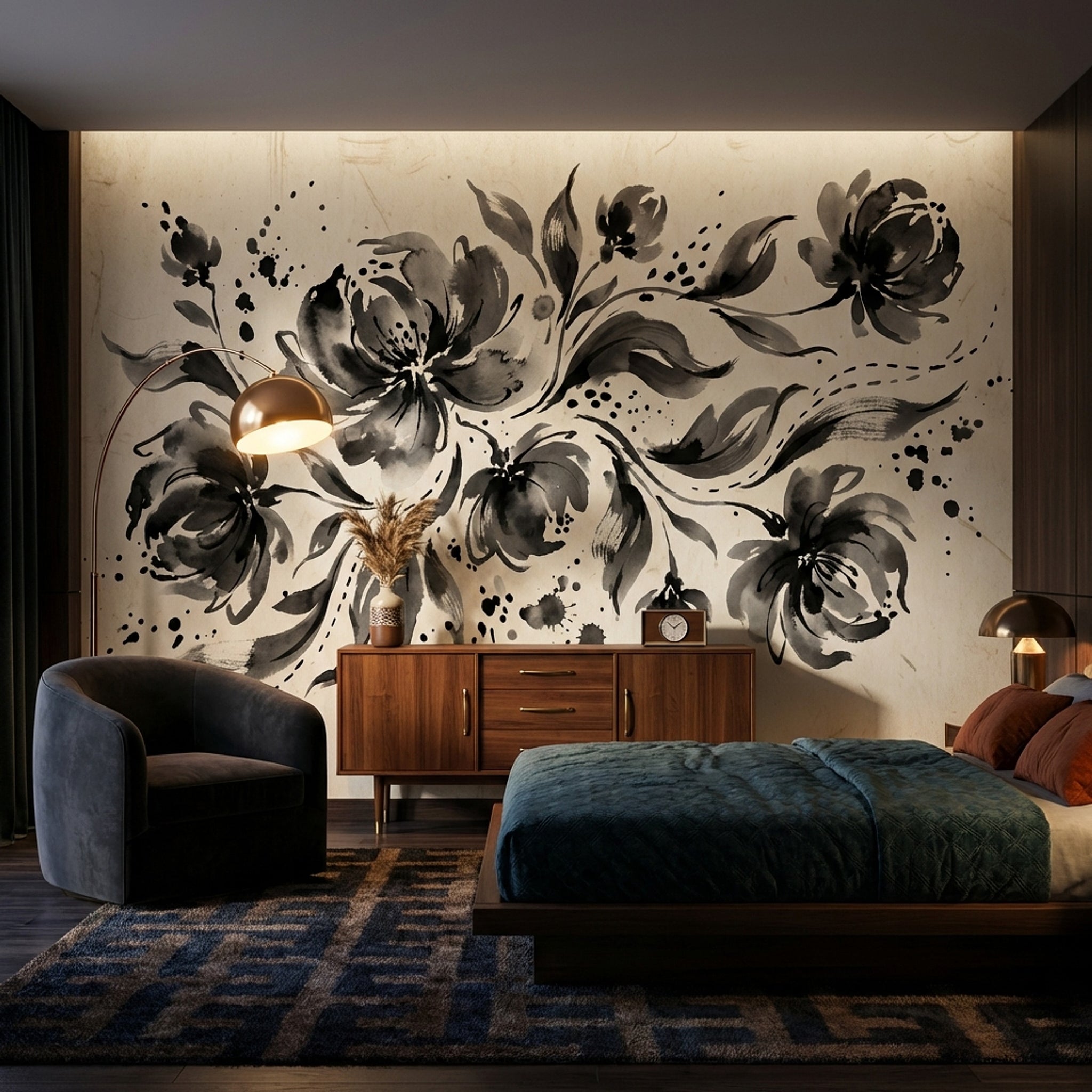 Siyah Mürekkep Çiçekli Poster Duvar Kağıdı Bej Salon
