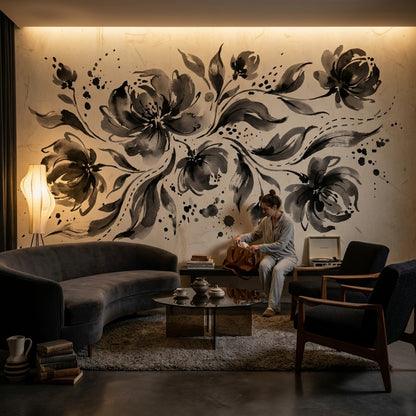 Siyah Mürekkep Çiçekli Poster Duvar Kağıdı Bej Salon