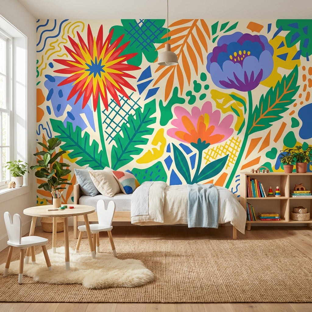 Renkli Çiçek Desenli Poster Duvar Kağıdı Modern Salon Dekoru