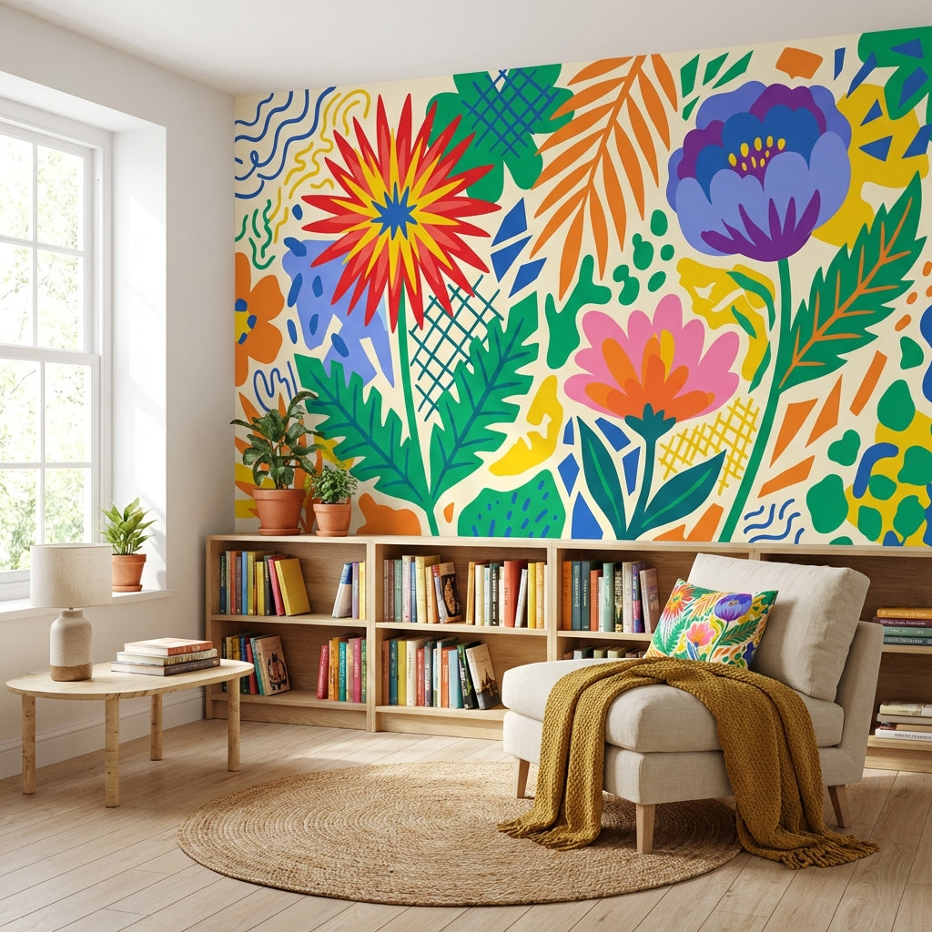 Renkli Çiçek Desenli Poster Duvar Kağıdı Modern Salon Dekoru