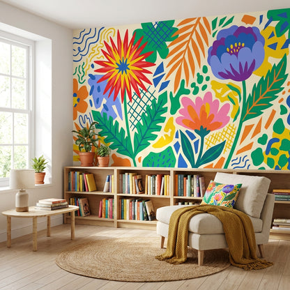 Renkli Çiçek Desenli Poster Duvar Kağıdı Modern Salon Dekoru
