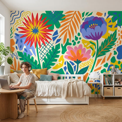 Renkli Çiçek Desenli Poster Duvar Kağıdı Modern Salon Dekoru