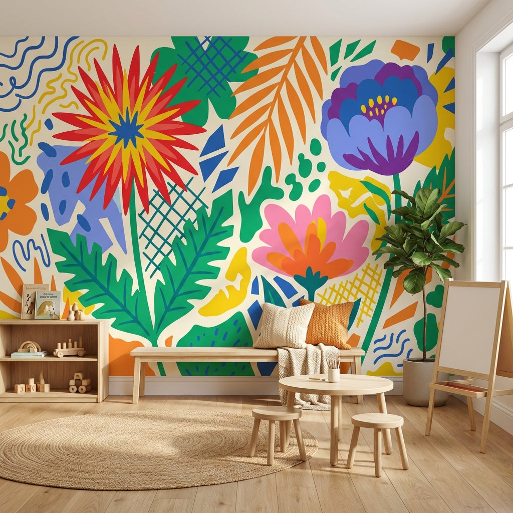Renkli Çiçek Desenli Poster Duvar Kağıdı Modern Salon Dekoru