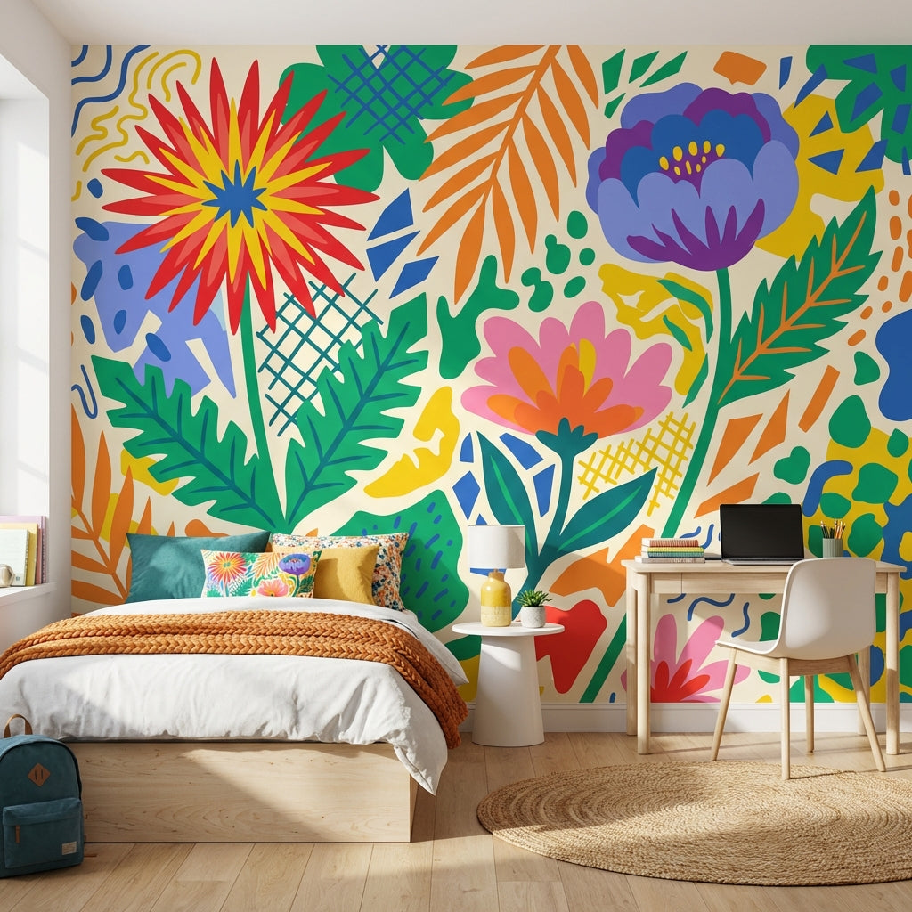 Renkli Çiçek Desenli Poster Duvar Kağıdı Modern Salon Dekoru