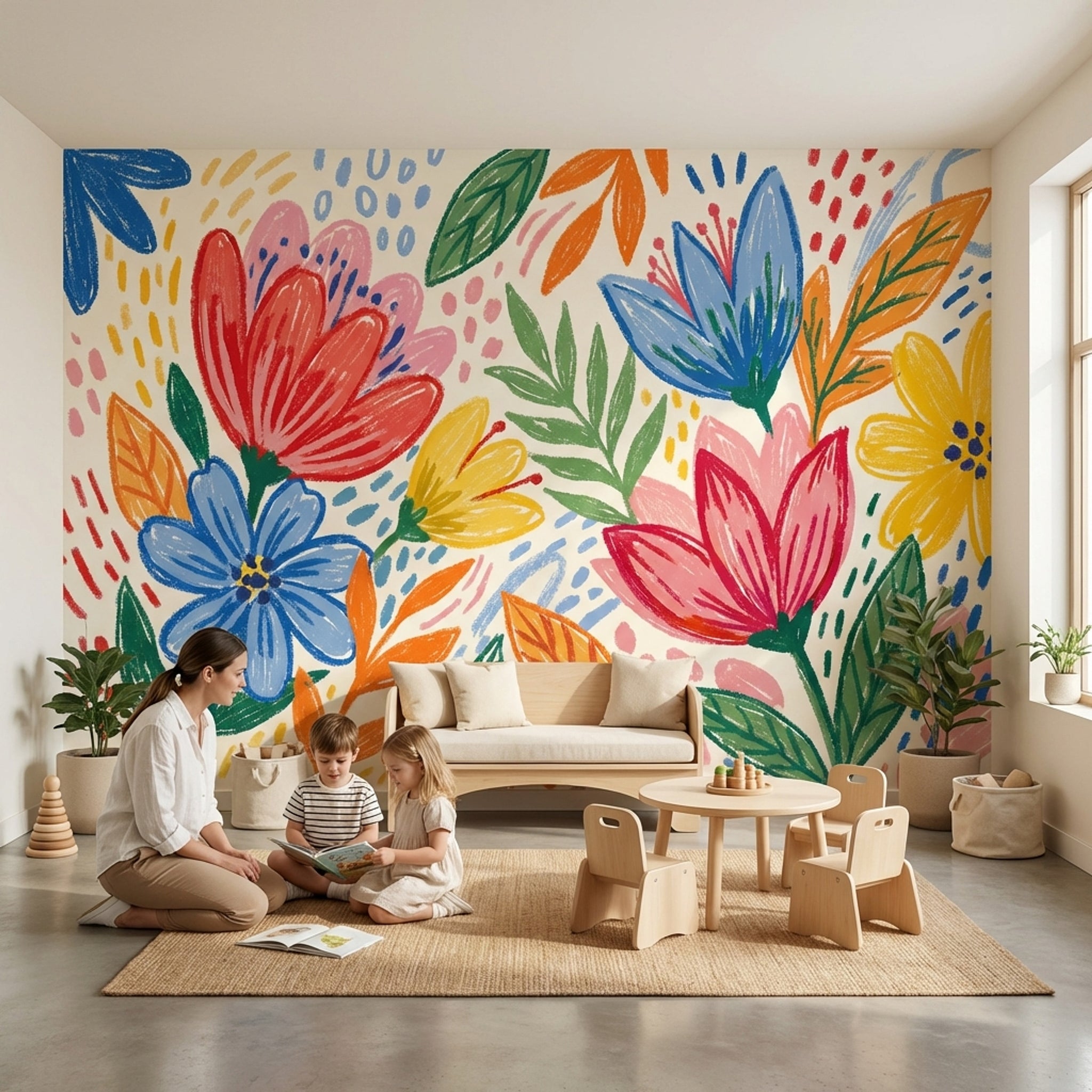 Renkli Çiçek Desenli Poster Duvar Kağıdı Modern Çocuk Odası