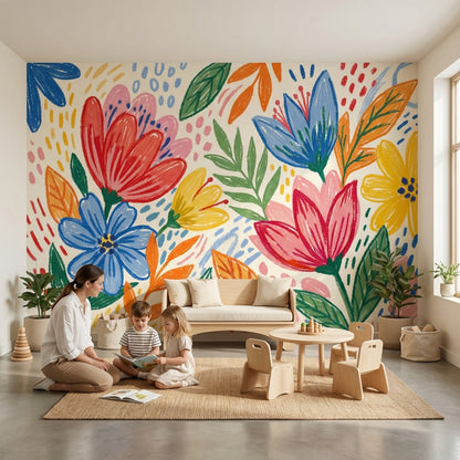 Renkli Çiçek Desenli Poster Duvar Kağıdı Modern Çocuk Odası