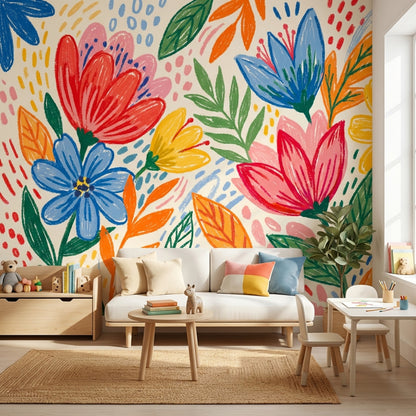 Renkli Çiçek Desenli Poster Duvar Kağıdı Modern Çocuk Odası