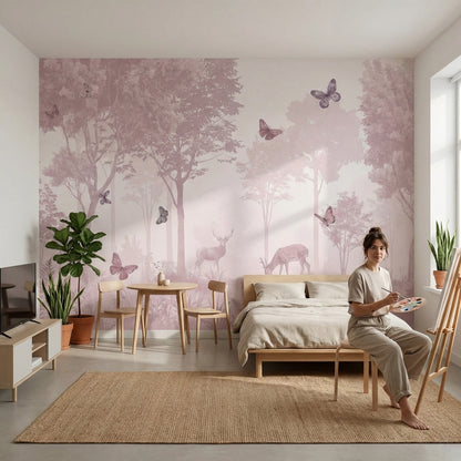 Pudra Orman ve Kelebekli Poster Duvar Kağıdı Salon