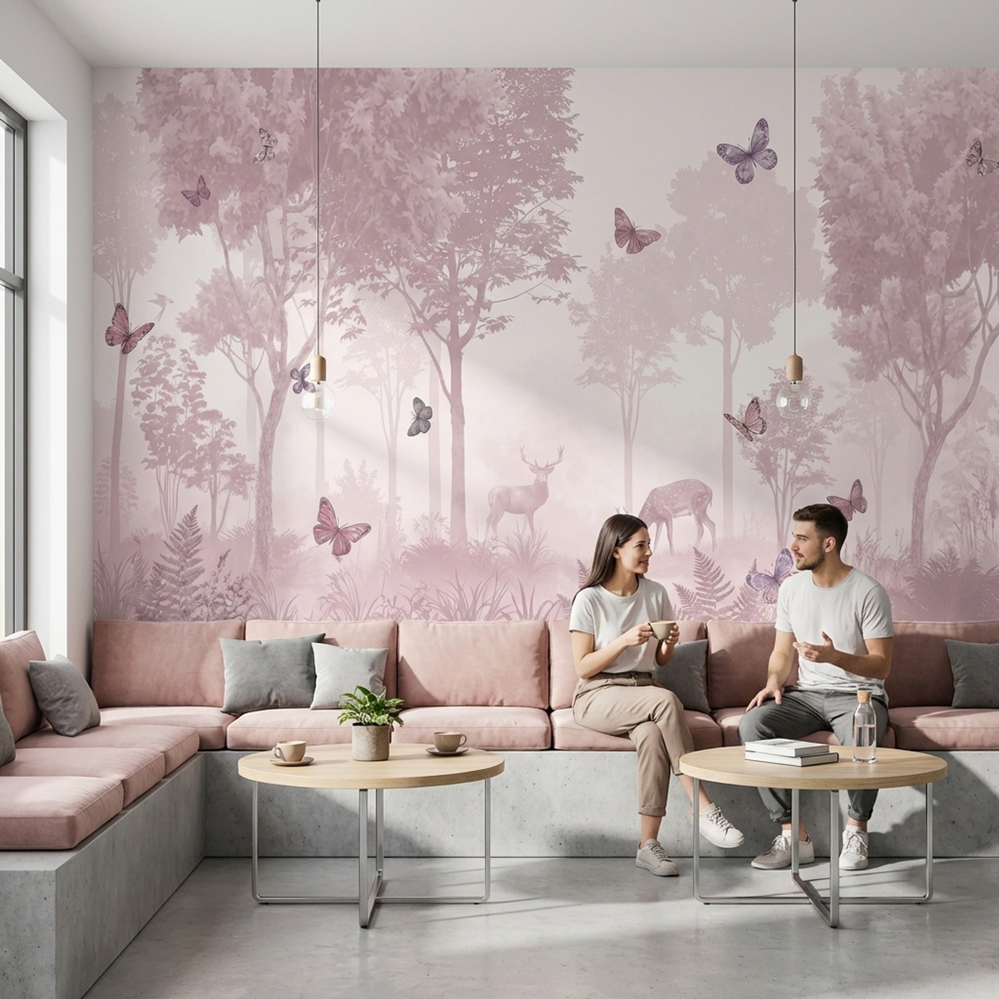 Pudra Orman ve Kelebekli Poster Duvar Kağıdı Salon