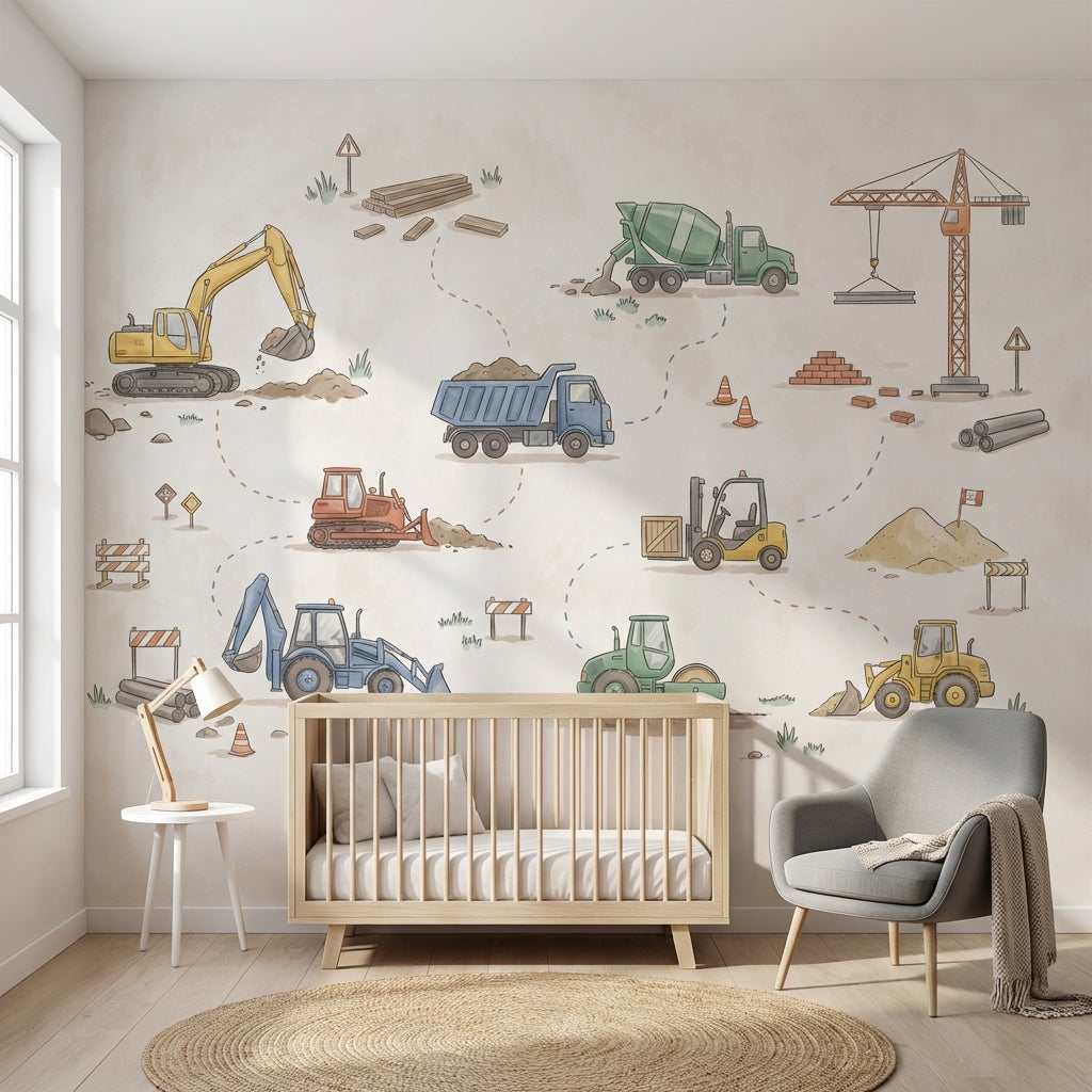İnşaat Araçları Poster Duvar Kağıdı Pastel Çocuk Odası Desenli