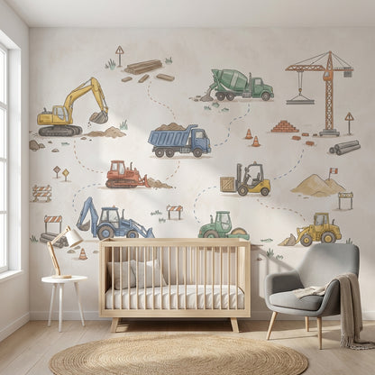 İnşaat Araçları Poster Duvar Kağıdı Pastel Çocuk Odası Desenli