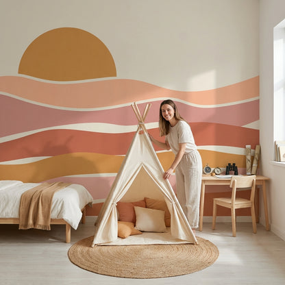 Gün Doğumu Dalgalı Poster Duvar Kağıdı Bej Terracotta Çocuk Odası