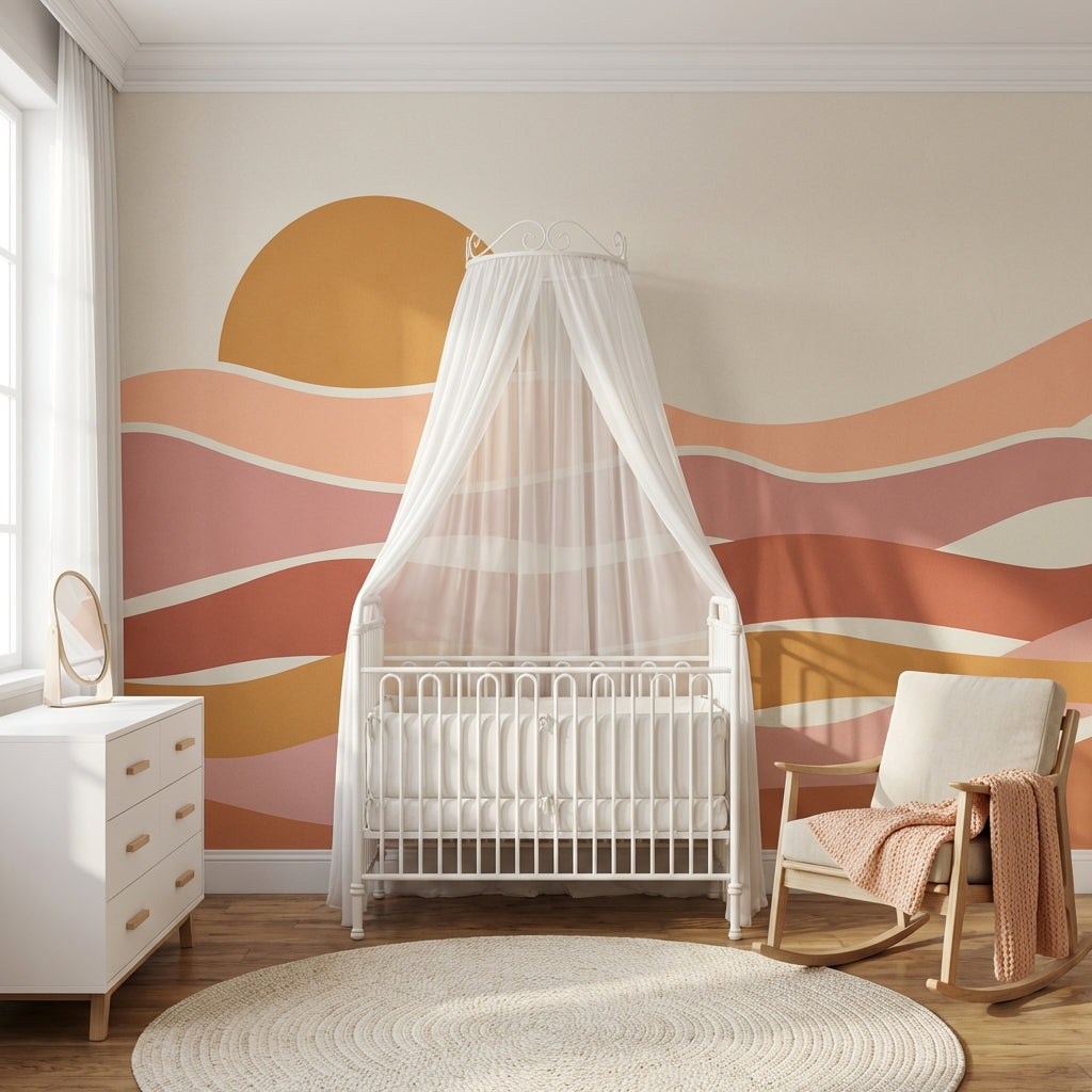Gün Doğumu Dalgalı Poster Duvar Kağıdı Bej Terracotta Çocuk Odası