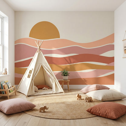 Gün Doğumu Dalgalı Poster Duvar Kağıdı Bej Terracotta Çocuk Odası