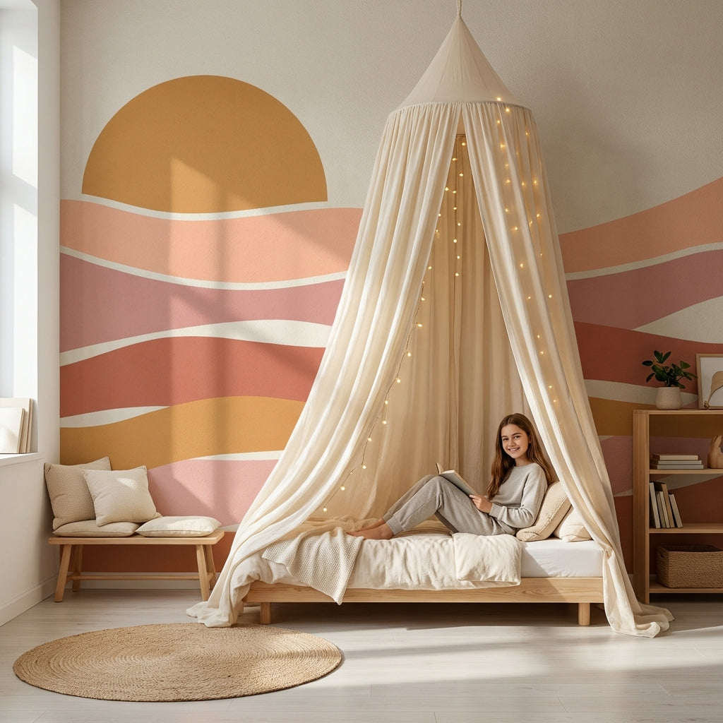 Gün Doğumu Dalgalı Poster Duvar Kağıdı Bej Terracotta Çocuk Odası