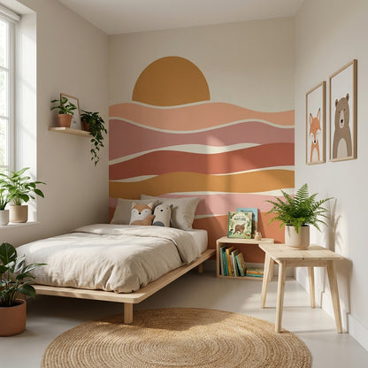 Gün Doğumu Dalgalı Poster Duvar Kağıdı Bej Terracotta Çocuk Odası