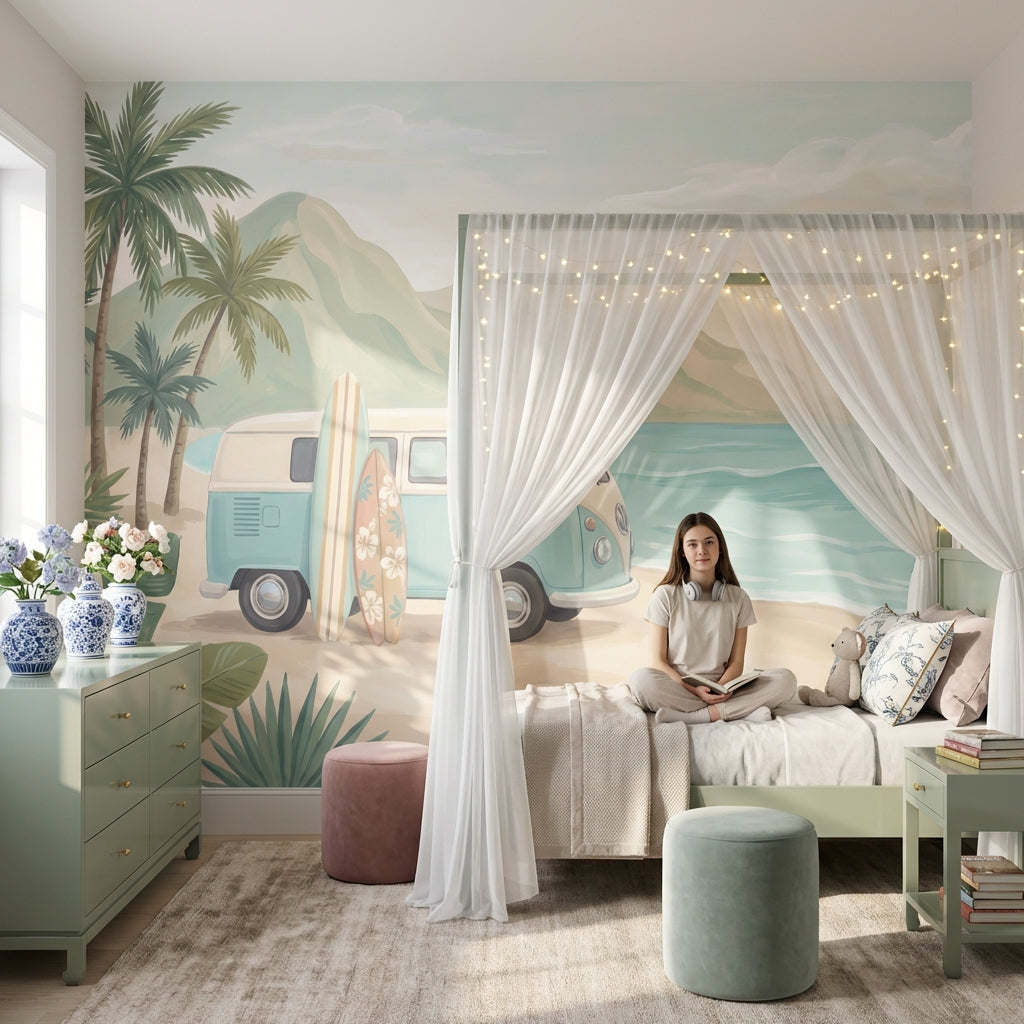 Sahil Manzaralı Karavan Poster Duvar Kağıdı Pastel Çocuk Odası