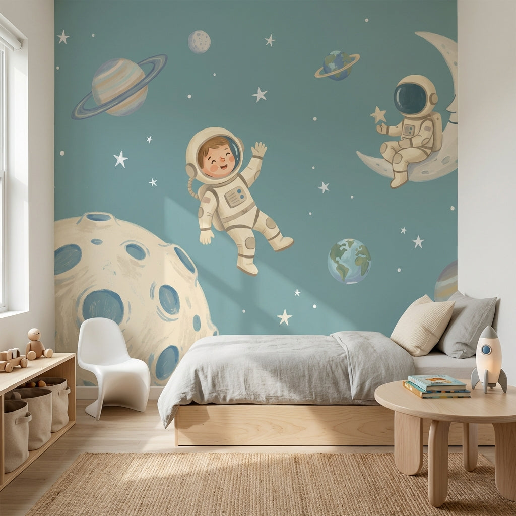 Astronot ve Ay Poster Duvar Kağıdı Mavi Çocuk Odası