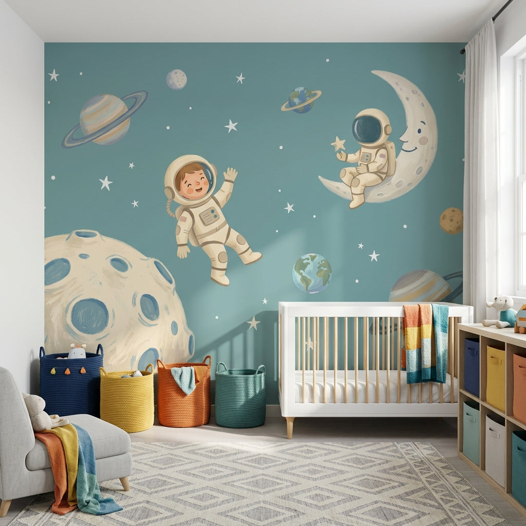 Astronot ve Ay Poster Duvar Kağıdı Mavi Çocuk Odası
