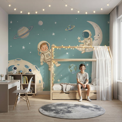 Astronot ve Ay Poster Duvar Kağıdı Mavi Çocuk Odası
