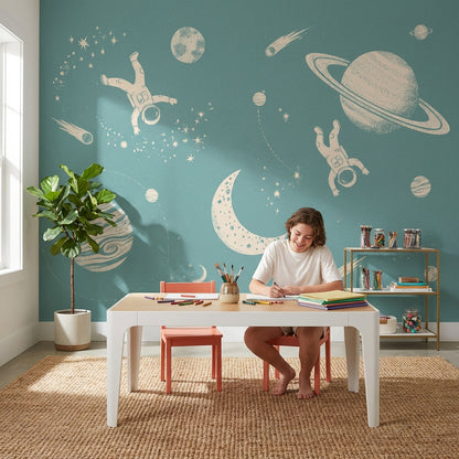 Astronot ve Gezegenli Poster Duvar Kağıdı Turkuaz Genç Odası