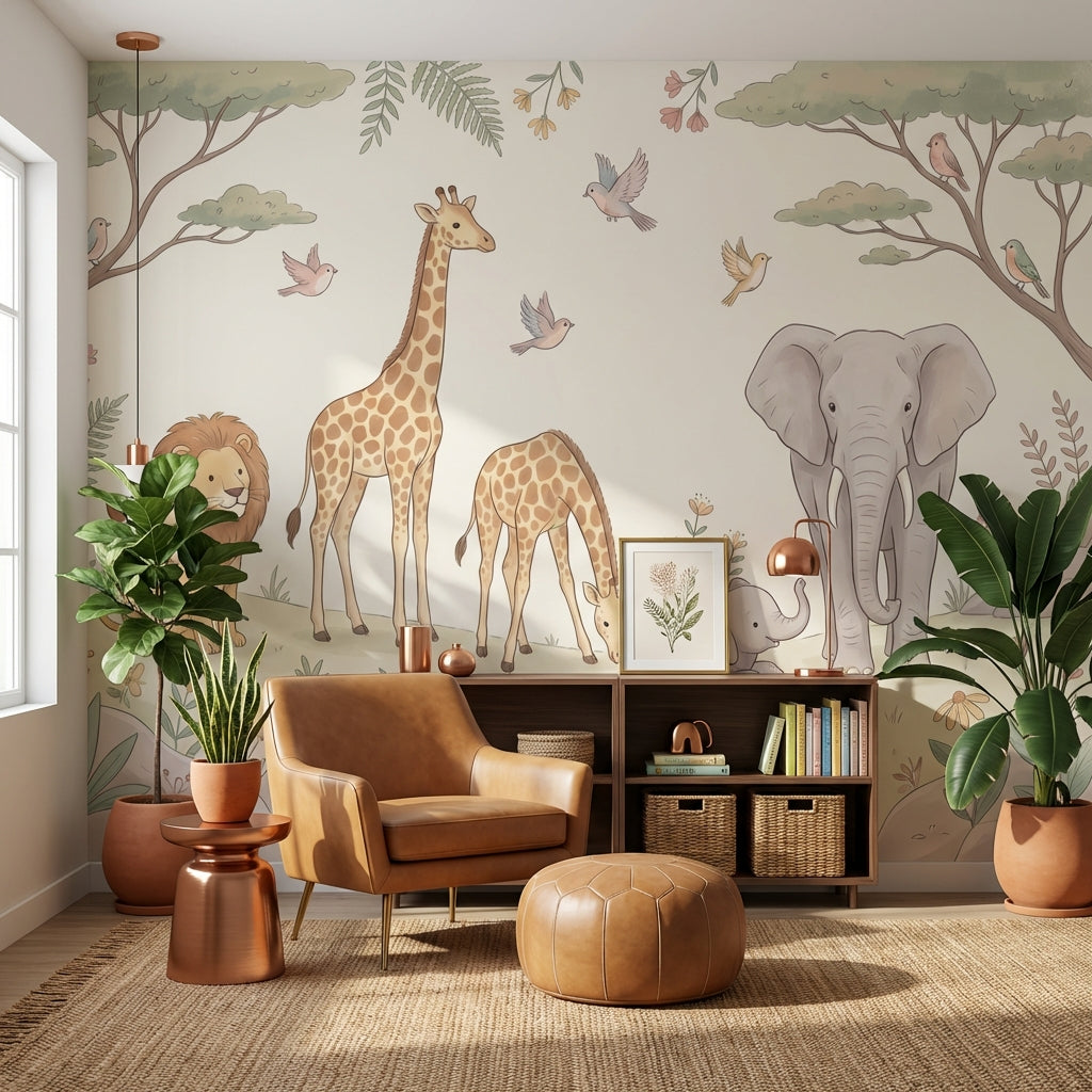 Safari Hayvanlı Poster Duvar Kağıdı Bebek Odası Pastel Desen