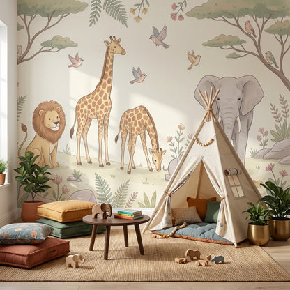 Safari Hayvanlı Poster Duvar Kağıdı Bebek Odası Pastel Desen