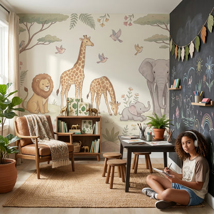 Safari Hayvanlı Poster Duvar Kağıdı Bebek Odası Pastel Desen