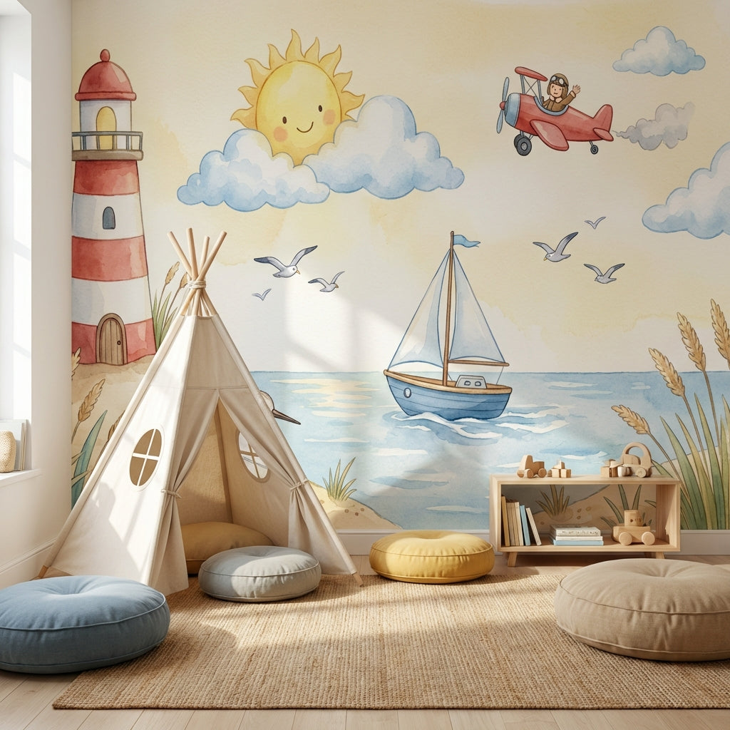 Deniz Fenerli Poster Duvar Kağıdı Bebek Odası Pastel Sahil