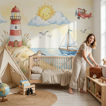 Deniz Fenerli Poster Duvar Kağıdı Bebek Odası Pastel Sahil