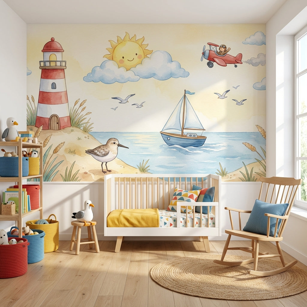 Deniz Fenerli Poster Duvar Kağıdı Bebek Odası Pastel Sahil