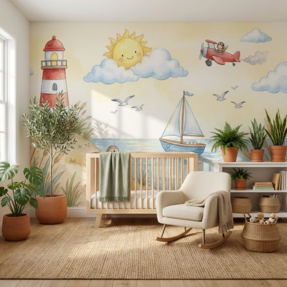 Deniz Fenerli Poster Duvar Kağıdı Bebek Odası Pastel Sahil