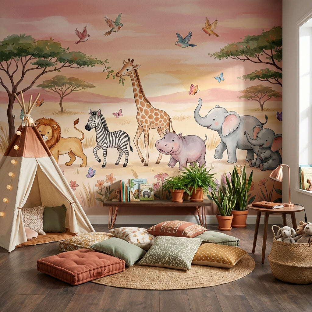 Safari Hayvanlı Poster Duvar Kağıdı Pastel Çocuk Odası Desenli